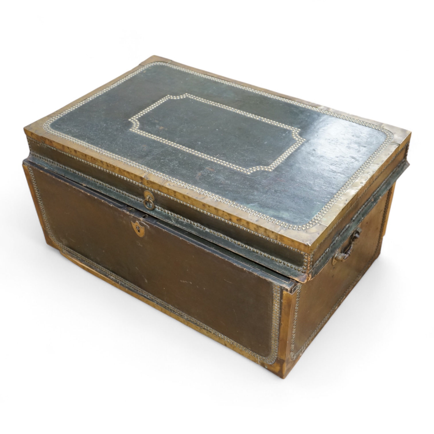 A 19th century Anglo Chinese camphor lined leather and brass studded trunk, lid detached, 85cm wide